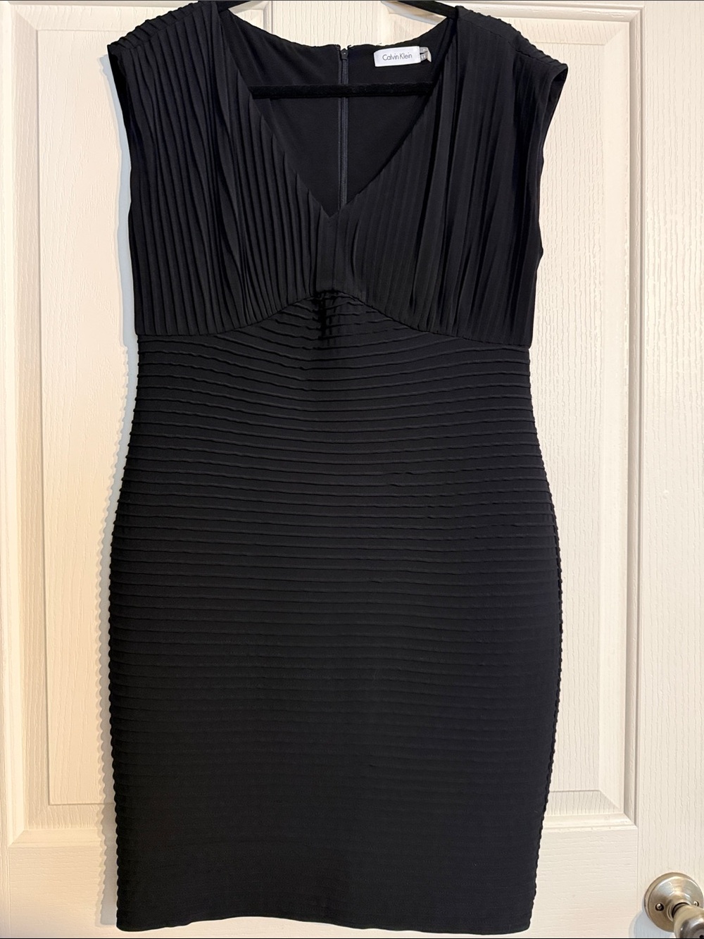 Calvin Klein Black Pleated V-Neck Midi Sheath Dress
